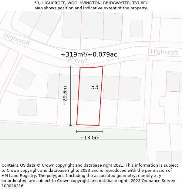 53, HIGHCROFT, WOOLAVINGTON, BRIDGWATER, TA7 8EU: Plot and title map