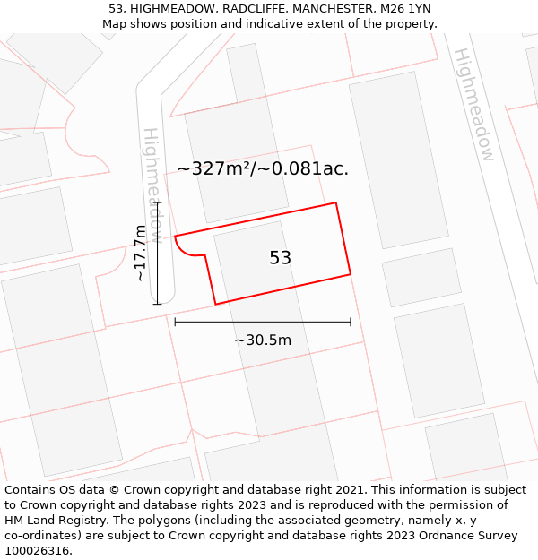 53, HIGHMEADOW, RADCLIFFE, MANCHESTER, M26 1YN: Plot and title map