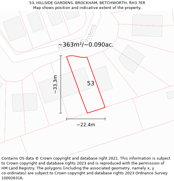 53, HILLSIDE GARDENS, BROCKHAM, BETCHWORTH, RH3 7ER: Plot and title map