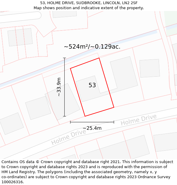 53, HOLME DRIVE, SUDBROOKE, LINCOLN, LN2 2SF: Plot and title map