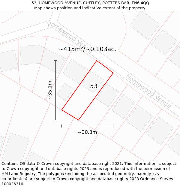 53, HOMEWOOD AVENUE, CUFFLEY, POTTERS BAR, EN6 4QQ: Plot and title map