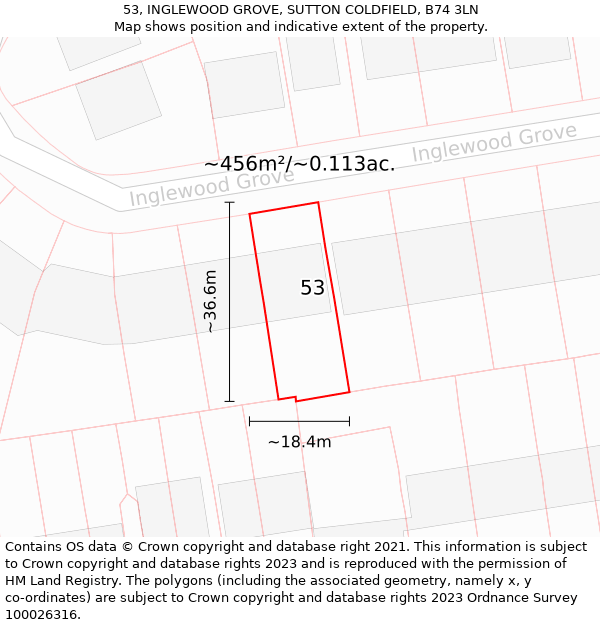 53, INGLEWOOD GROVE, SUTTON COLDFIELD, B74 3LN: Plot and title map