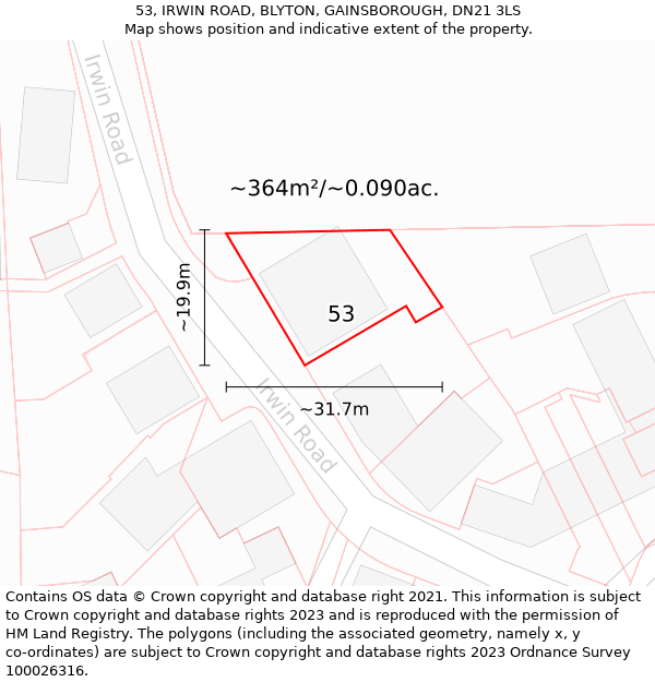 53, IRWIN ROAD, BLYTON, GAINSBOROUGH, DN21 3LS: Plot and title map