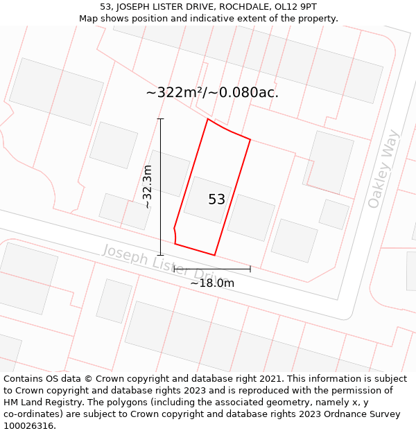 53, JOSEPH LISTER DRIVE, ROCHDALE, OL12 9PT: Plot and title map