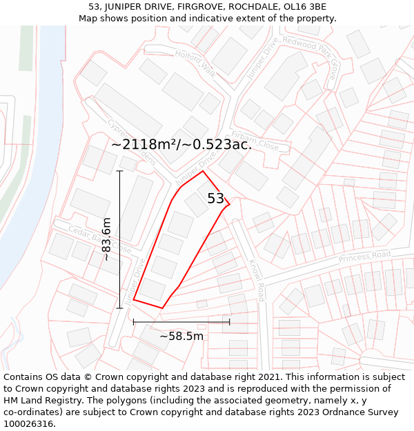 53, JUNIPER DRIVE, FIRGROVE, ROCHDALE, OL16 3BE: Plot and title map