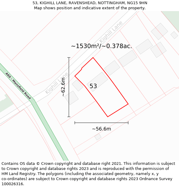 53, KIGHILL LANE, RAVENSHEAD, NOTTINGHAM, NG15 9HN: Plot and title map