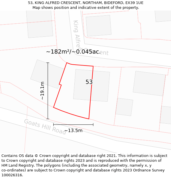 53, KING ALFRED CRESCENT, NORTHAM, BIDEFORD, EX39 1UE: Plot and title map