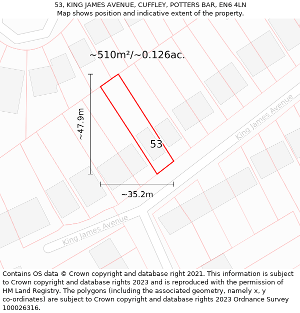 53, KING JAMES AVENUE, CUFFLEY, POTTERS BAR, EN6 4LN: Plot and title map