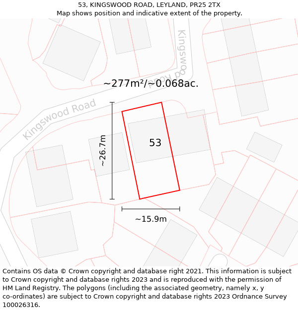 53, KINGSWOOD ROAD, LEYLAND, PR25 2TX: Plot and title map