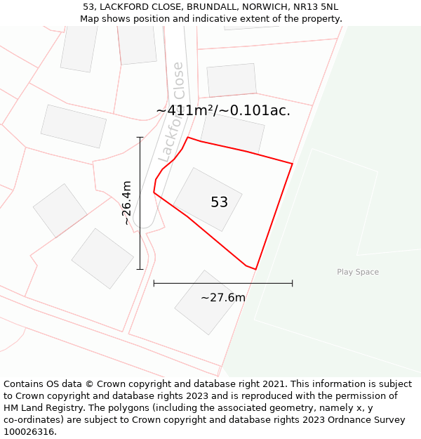 53, LACKFORD CLOSE, BRUNDALL, NORWICH, NR13 5NL: Plot and title map