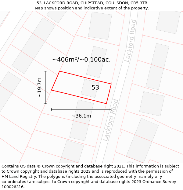 53, LACKFORD ROAD, CHIPSTEAD, COULSDON, CR5 3TB: Plot and title map