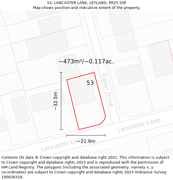 53, LANCASTER LANE, LEYLAND, PR25 5SP: Plot and title map