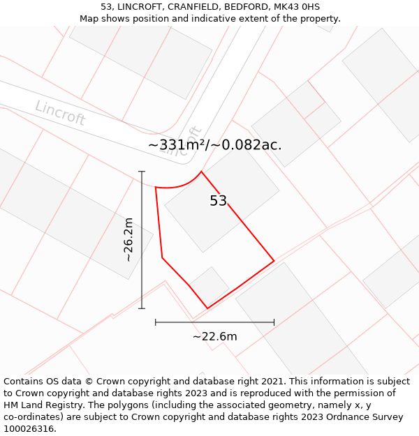 53, LINCROFT, CRANFIELD, BEDFORD, MK43 0HS: Plot and title map