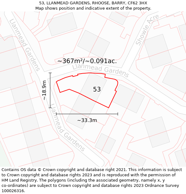 53, LLANMEAD GARDENS, RHOOSE, BARRY, CF62 3HX: Plot and title map