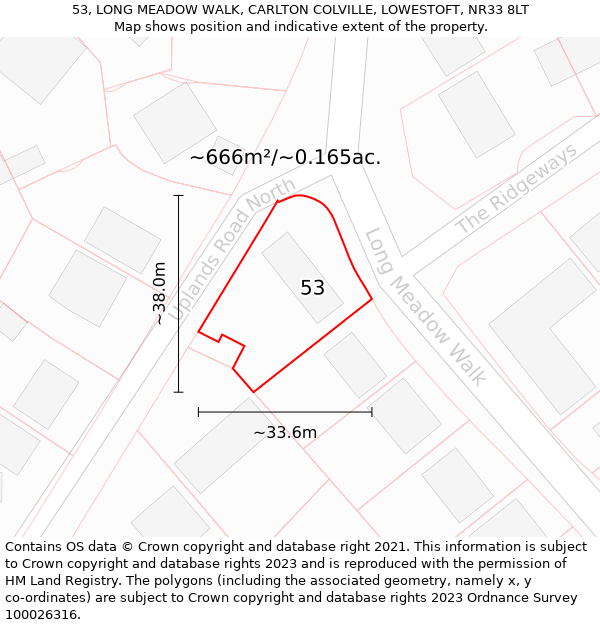53, LONG MEADOW WALK, CARLTON COLVILLE, LOWESTOFT, NR33 8LT: Plot and title map