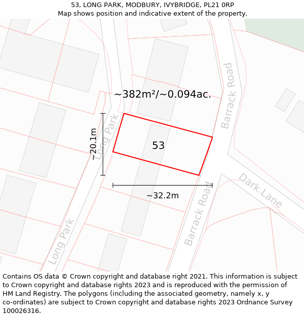 53, LONG PARK, MODBURY, IVYBRIDGE, PL21 0RP: Plot and title map