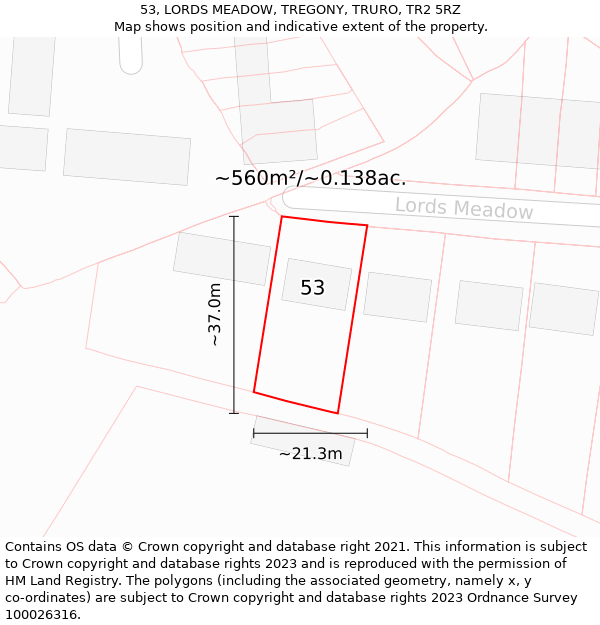 53, LORDS MEADOW, TREGONY, TRURO, TR2 5RZ: Plot and title map