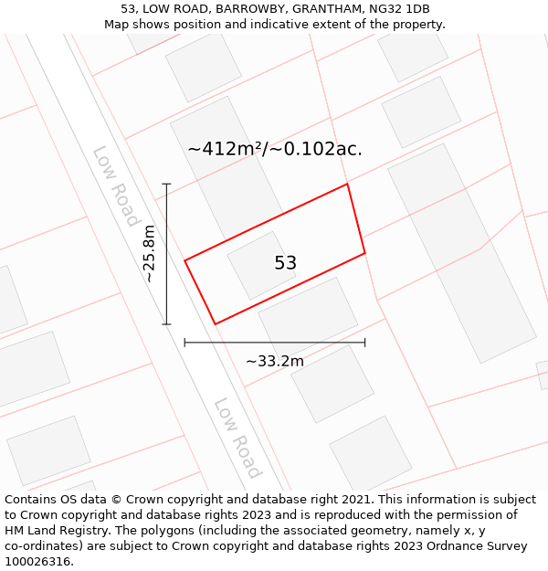 53, LOW ROAD, BARROWBY, GRANTHAM, NG32 1DB: Plot and title map