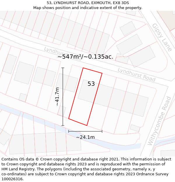 53, LYNDHURST ROAD, EXMOUTH, EX8 3DS: Plot and title map