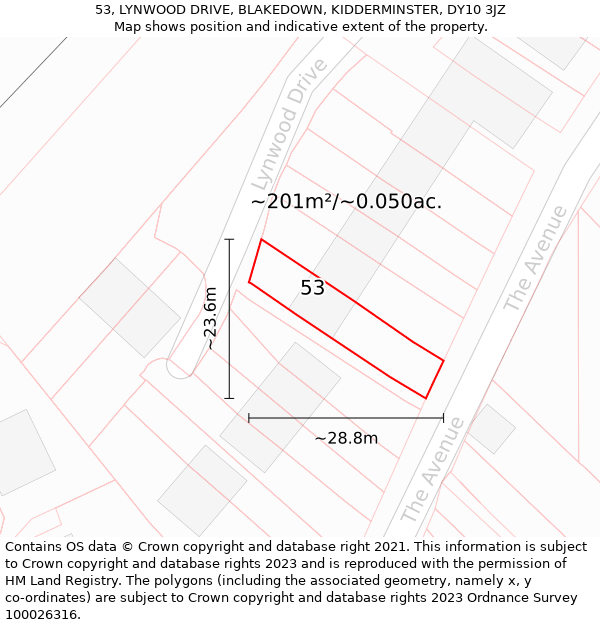 53, LYNWOOD DRIVE, BLAKEDOWN, KIDDERMINSTER, DY10 3JZ: Plot and title map