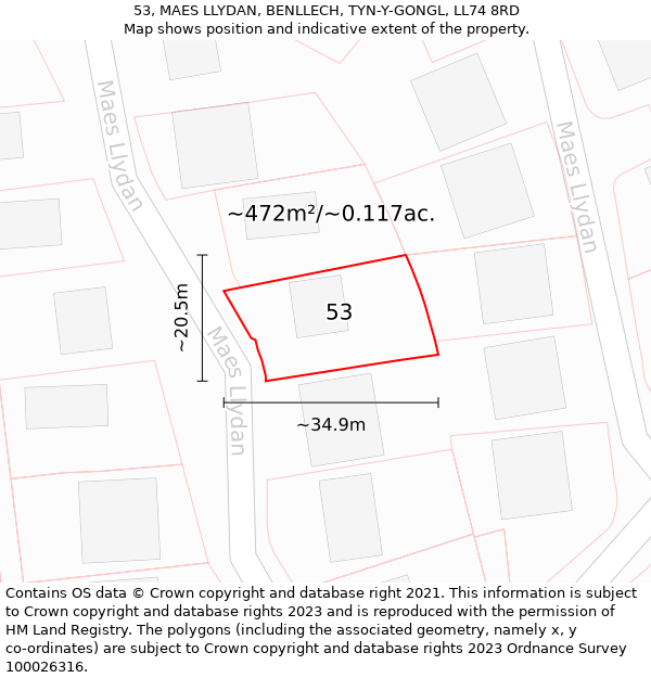 53, MAES LLYDAN, BENLLECH, TYN-Y-GONGL, LL74 8RD: Plot and title map