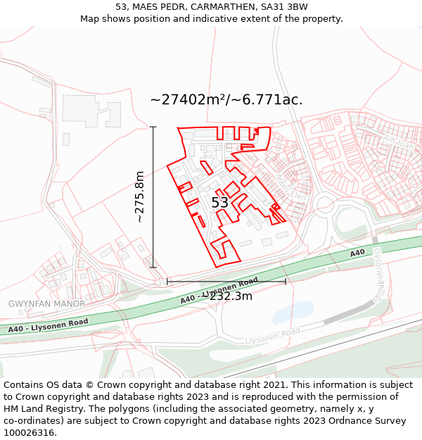 53, MAES PEDR, CARMARTHEN, SA31 3BW: Plot and title map