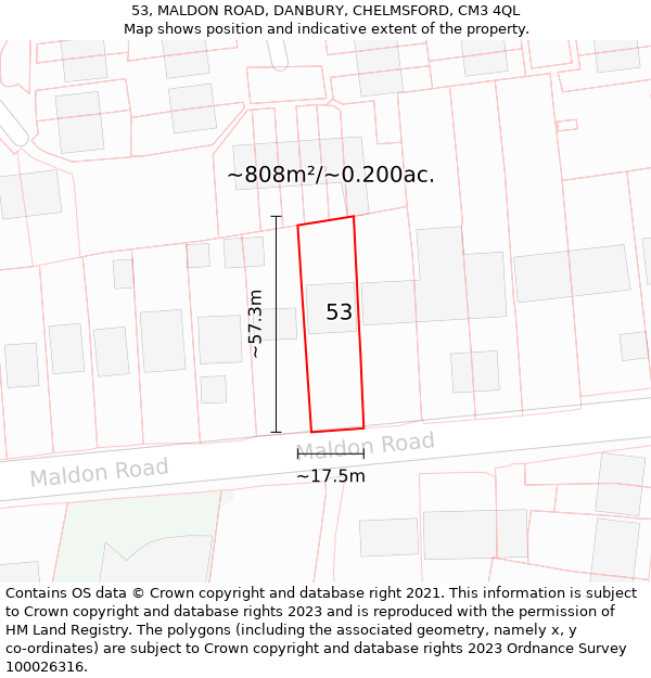 53, MALDON ROAD, DANBURY, CHELMSFORD, CM3 4QL: Plot and title map