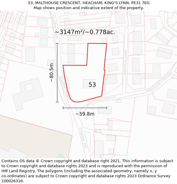 53, MALTHOUSE CRESCENT, HEACHAM, KING'S LYNN, PE31 7EG: Plot and title map