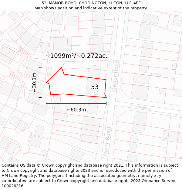 53, MANOR ROAD, CADDINGTON, LUTON, LU1 4EE: Plot and title map