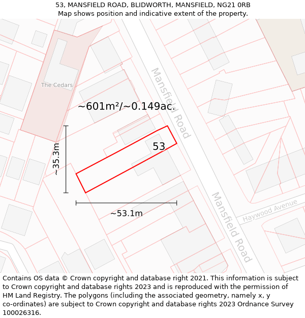 53, MANSFIELD ROAD, BLIDWORTH, MANSFIELD, NG21 0RB: Plot and title map