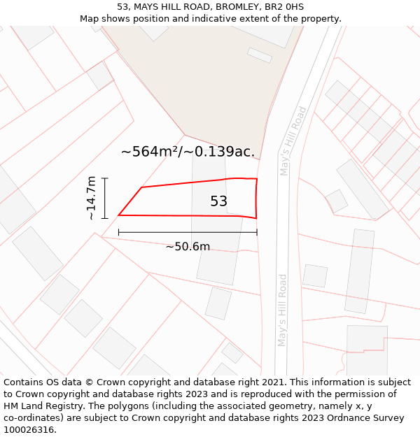 53, MAYS HILL ROAD, BROMLEY, BR2 0HS: Plot and title map