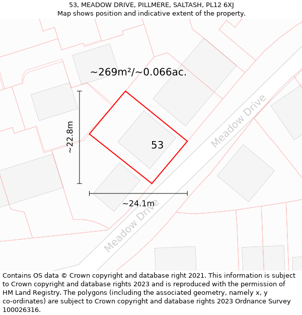 53, MEADOW DRIVE, PILLMERE, SALTASH, PL12 6XJ: Plot and title map