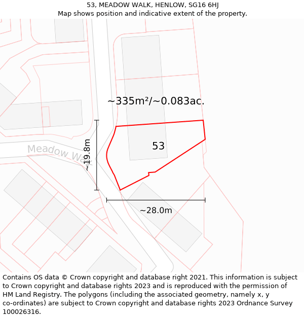 53, MEADOW WALK, HENLOW, SG16 6HJ: Plot and title map