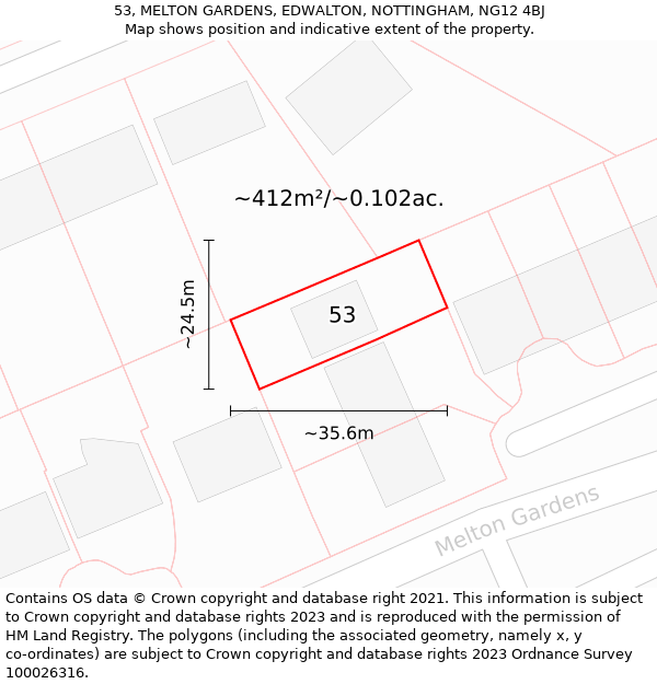 53, MELTON GARDENS, EDWALTON, NOTTINGHAM, NG12 4BJ: Plot and title map