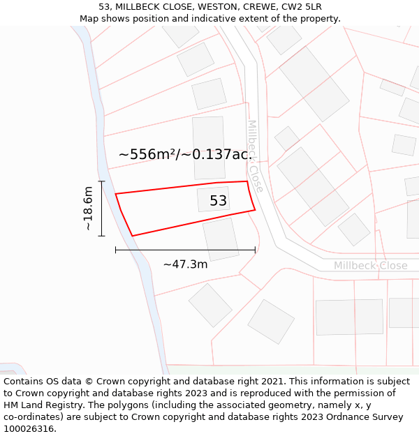 53, MILLBECK CLOSE, WESTON, CREWE, CW2 5LR: Plot and title map