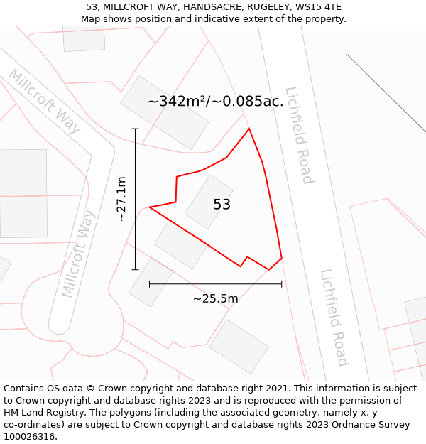 53, MILLCROFT WAY, HANDSACRE, RUGELEY, WS15 4TE: Plot and title map