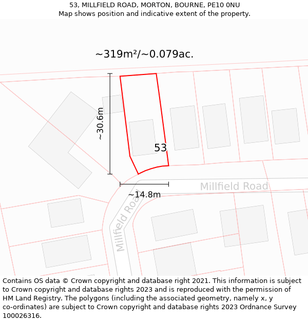 53, MILLFIELD ROAD, MORTON, BOURNE, PE10 0NU: Plot and title map