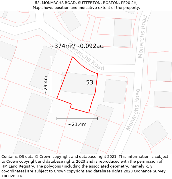 53, MONARCHS ROAD, SUTTERTON, BOSTON, PE20 2HJ: Plot and title map