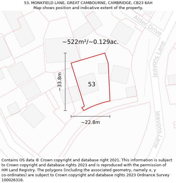 53, MONKFIELD LANE, GREAT CAMBOURNE, CAMBRIDGE, CB23 6AH: Plot and title map