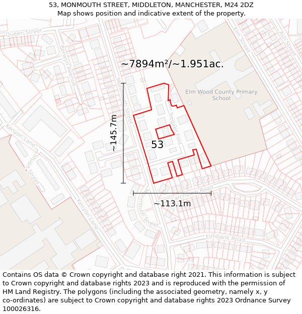 53, MONMOUTH STREET, MIDDLETON, MANCHESTER, M24 2DZ: Plot and title map