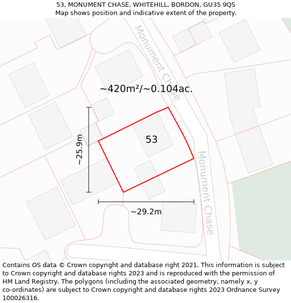 53, MONUMENT CHASE, WHITEHILL, BORDON, GU35 9QS: Plot and title map