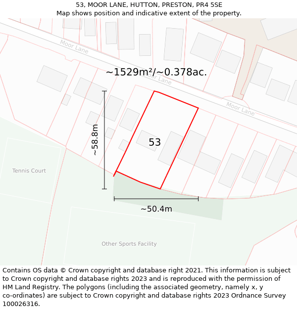 53, MOOR LANE, HUTTON, PRESTON, PR4 5SE: Plot and title map