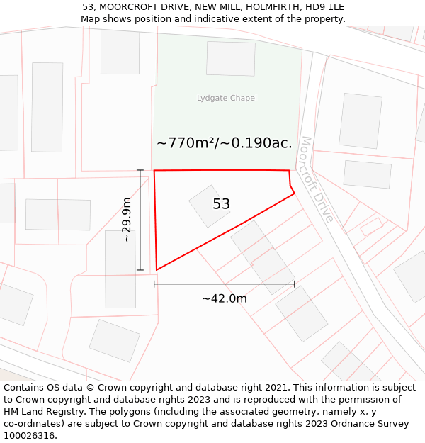 53, MOORCROFT DRIVE, NEW MILL, HOLMFIRTH, HD9 1LE: Plot and title map