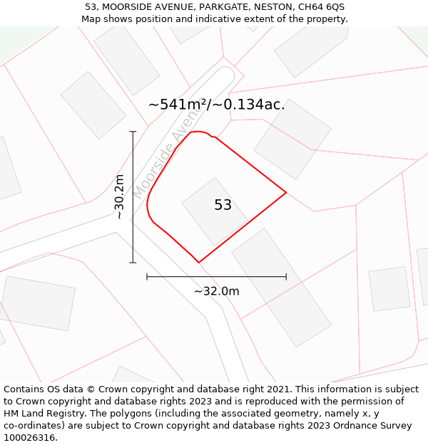 53, MOORSIDE AVENUE, PARKGATE, NESTON, CH64 6QS: Plot and title map