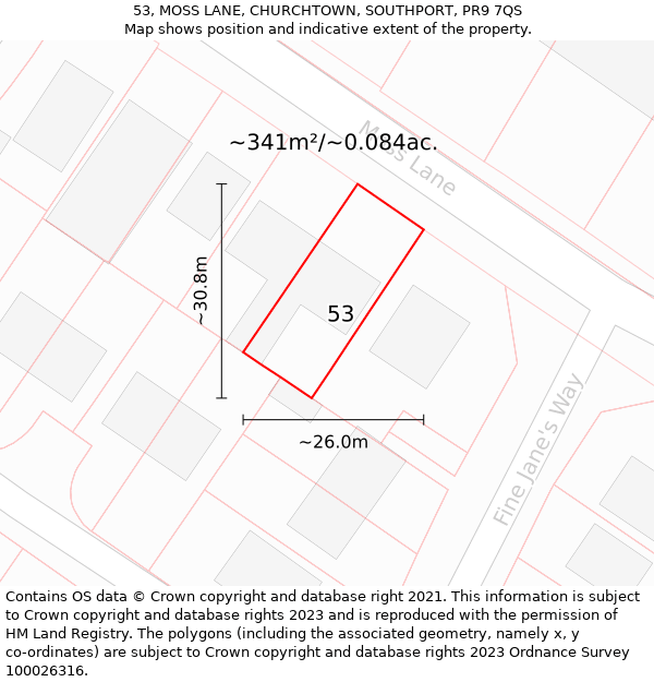 53, MOSS LANE, CHURCHTOWN, SOUTHPORT, PR9 7QS: Plot and title map