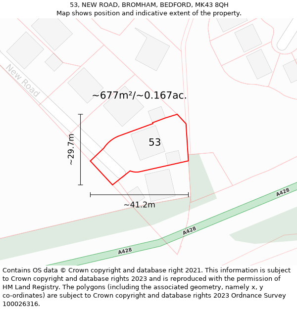 53, NEW ROAD, BROMHAM, BEDFORD, MK43 8QH: Plot and title map