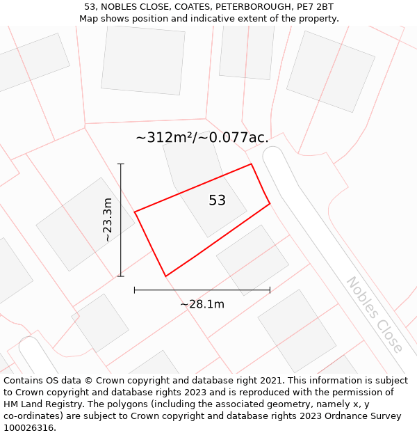 53, NOBLES CLOSE, COATES, PETERBOROUGH, PE7 2BT: Plot and title map