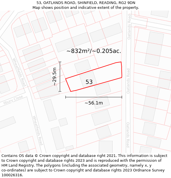 53, OATLANDS ROAD, SHINFIELD, READING, RG2 9DN: Plot and title map