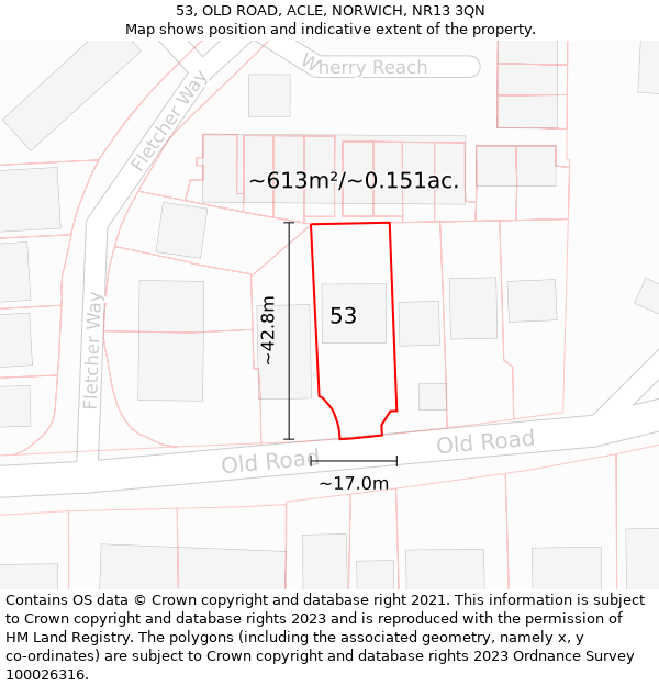 53, OLD ROAD, ACLE, NORWICH, NR13 3QN: Plot and title map