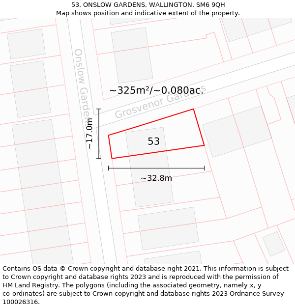 53, ONSLOW GARDENS, WALLINGTON, SM6 9QH: Plot and title map